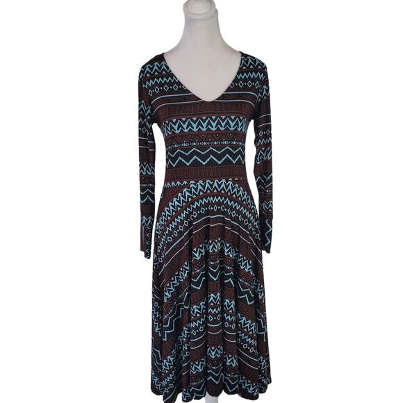 Casa Lee Size M Long Sleeve Geometric Bodycon Midi Dress V-Neck Teal Brown - Picture 1 of 11